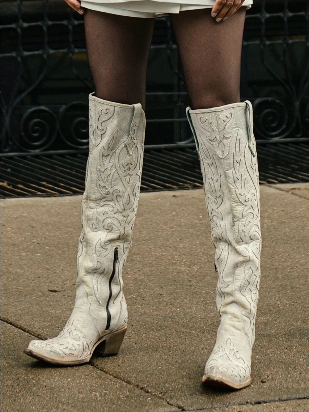 Women’s Beige Glitter Overlay and Embroidery Tall top Snip Toe Cowboy Boots